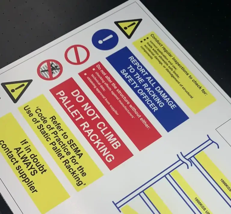 A close-up of a Load Notice sign indicating max loads on a racking structure.