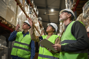 A photo showing inspectors surveying a racking installation inside a warehouse.