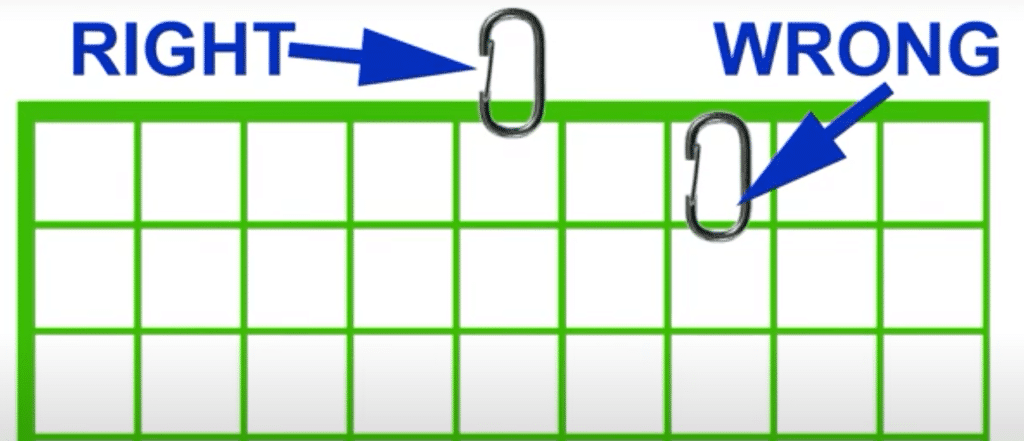 Technical drawing showing the correct placement of carabiner clips on the net.