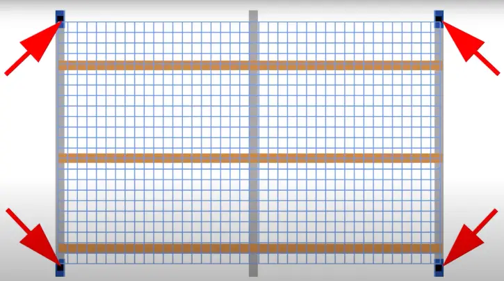 Technical drawing showing brackets at each 4 corners of the racking.
