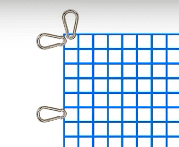 Illustration showing the placement of carabiner clips on a net.