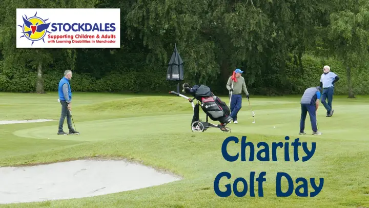 Official image for Stockdales Golf Day showing players on the golf course, with Stockdales’ logo in the top left-hand corner and the words “Charity Golf Day” in the bottom right-hand corner.