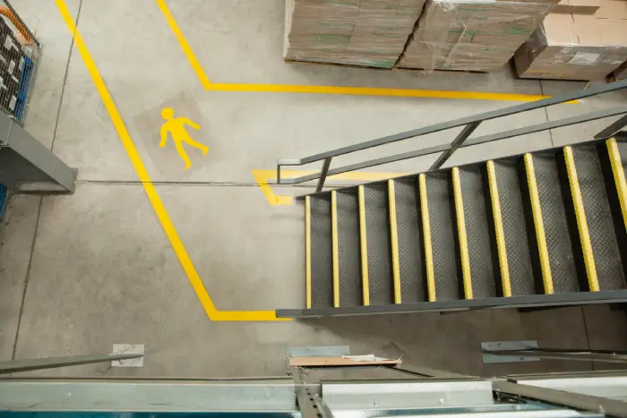 Top-down view of bright yellow floor marking indicating a pedestrian walkway inside a warehouse.