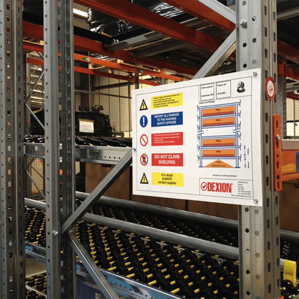 Warehouse safety signage and racking load notices following the SEMA standard